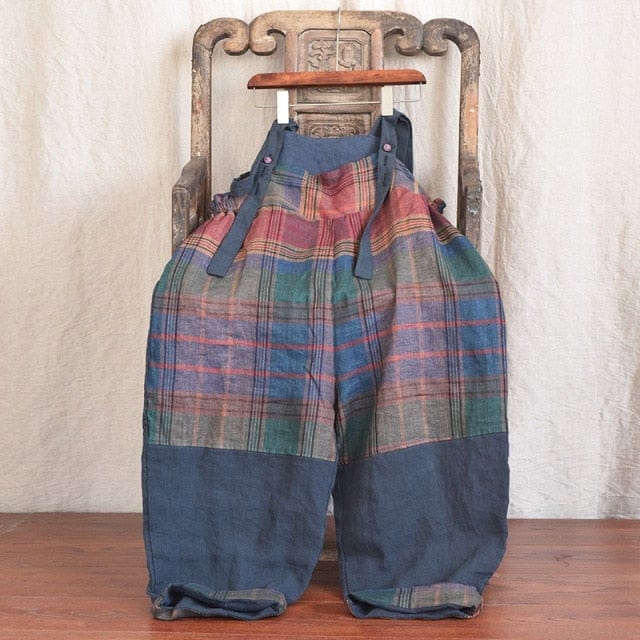 Patchwork Linen Suspenders Pants