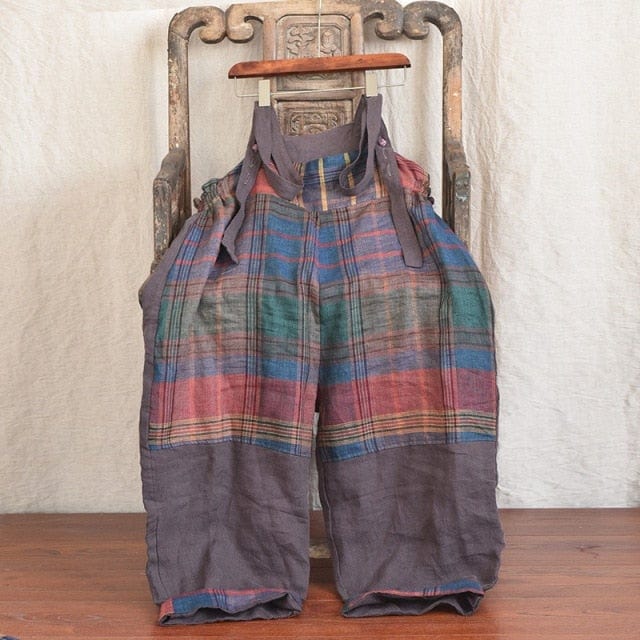 Patchwork Linen Suspenders Pants