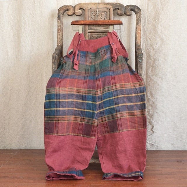 Patchwork Linen Suspenders Pants