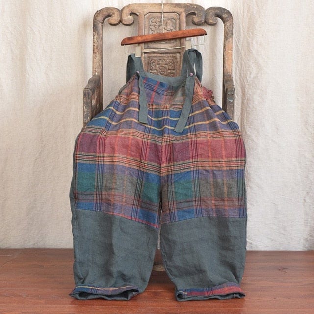 Patchwork Linen Suspenders Pants