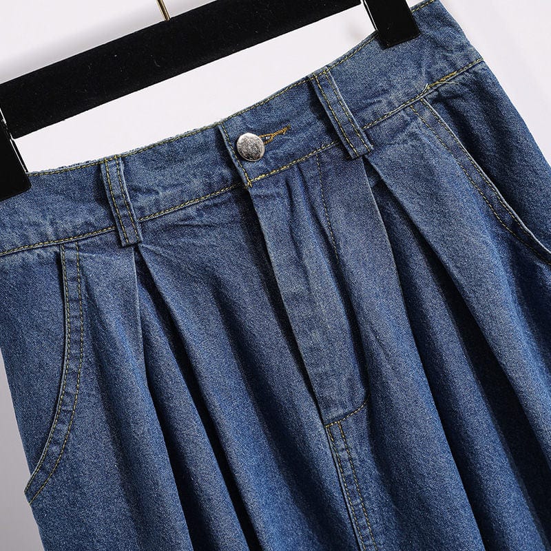 Pleated High Waist Denim Skirt