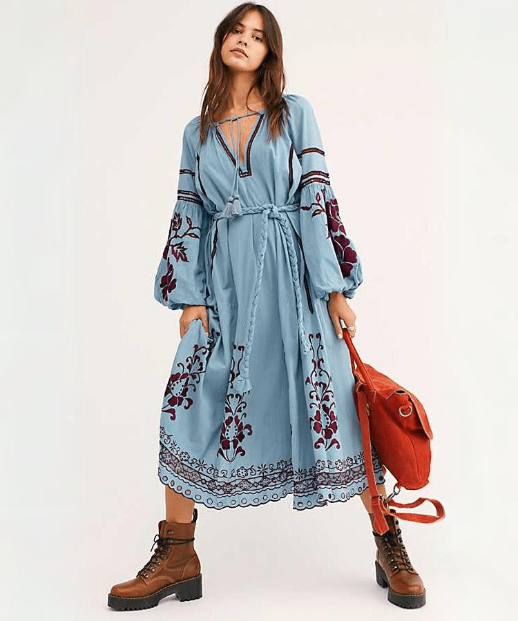 Boho Chic Blue & Red Embroidered Dress