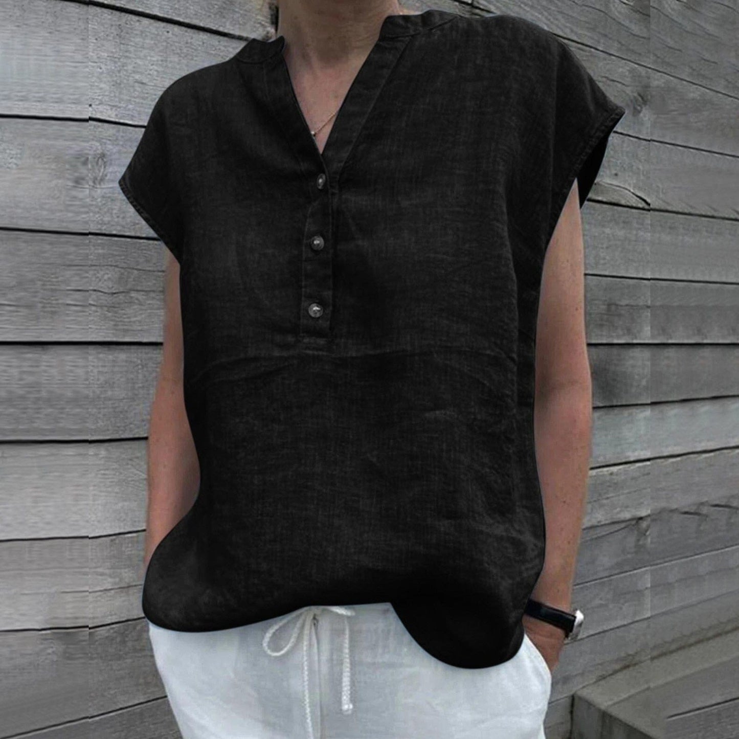 Short Sleeve Cotton Linen V Neck Blouse