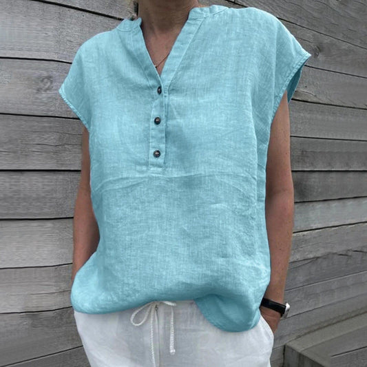 Short Sleeve Cotton Linen V Neck Blouse