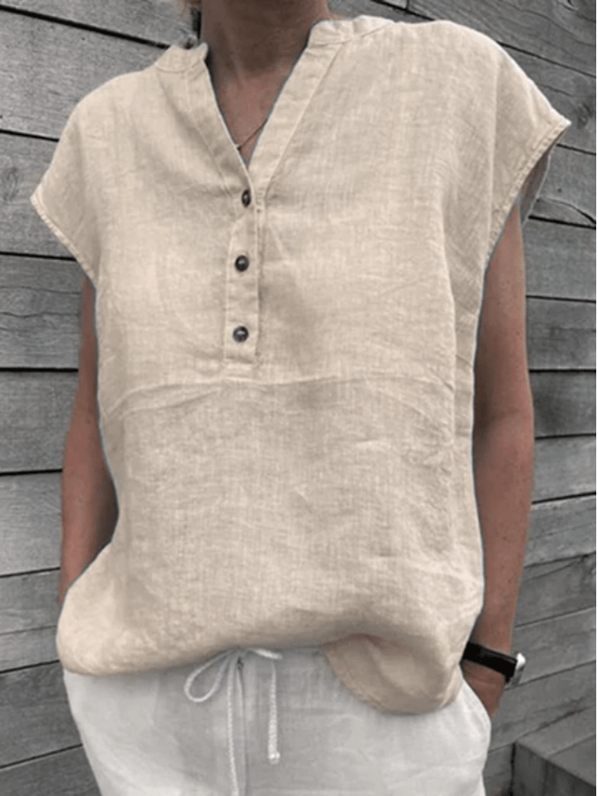 Short Sleeve Cotton Linen V Neck Blouse