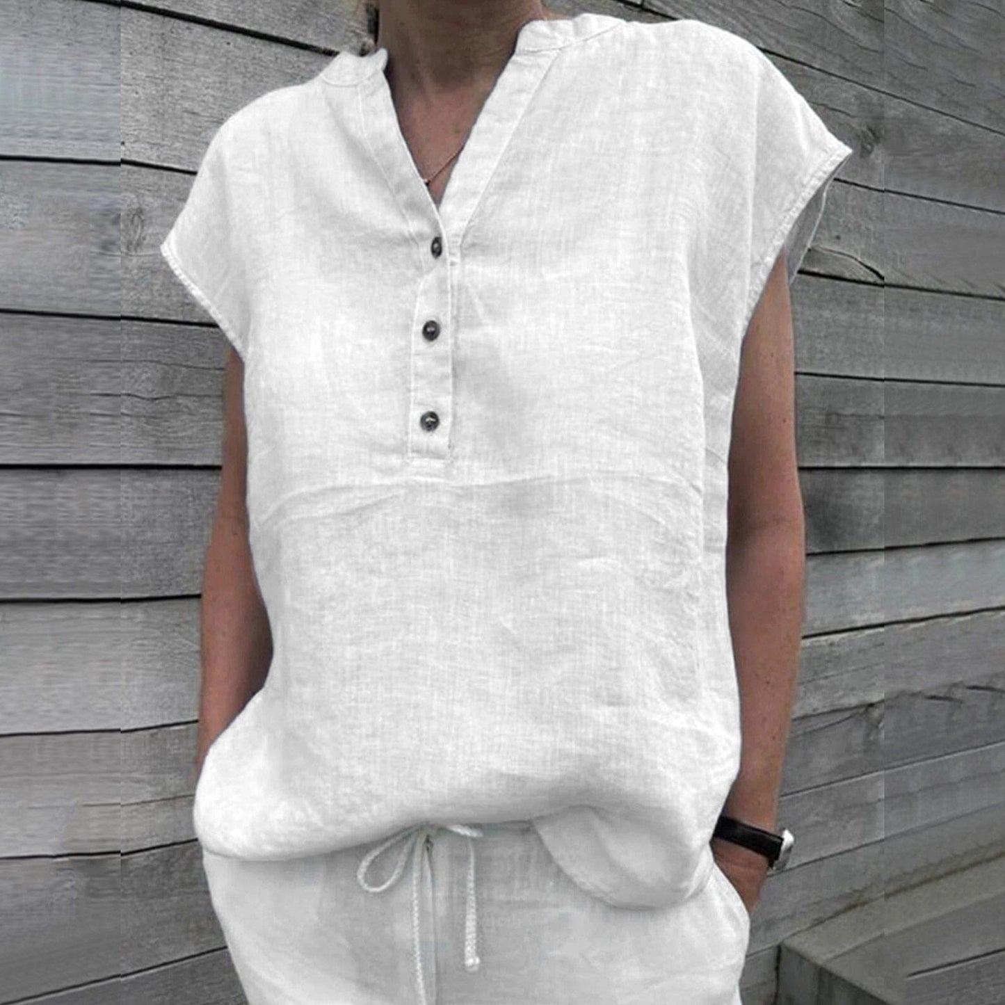 Short Sleeve Cotton Linen V Neck Blouse