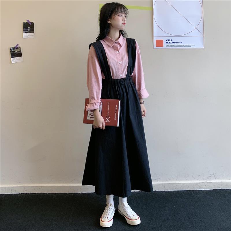 Solid Pleated Suspenders Skirt