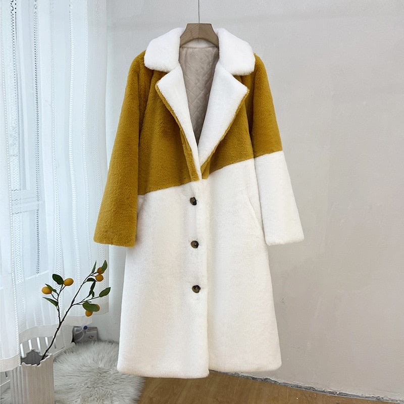 Splicing Contrast Color Long Fluffy Coat