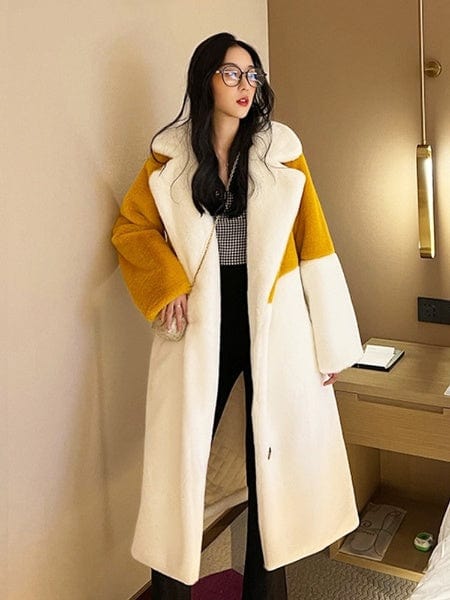 Splicing Contrast Color Long Fluffy Coat