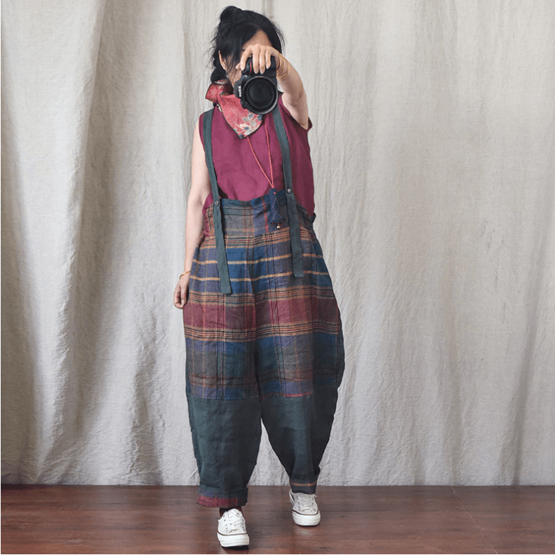 Patchwork Linen Suspenders Pants