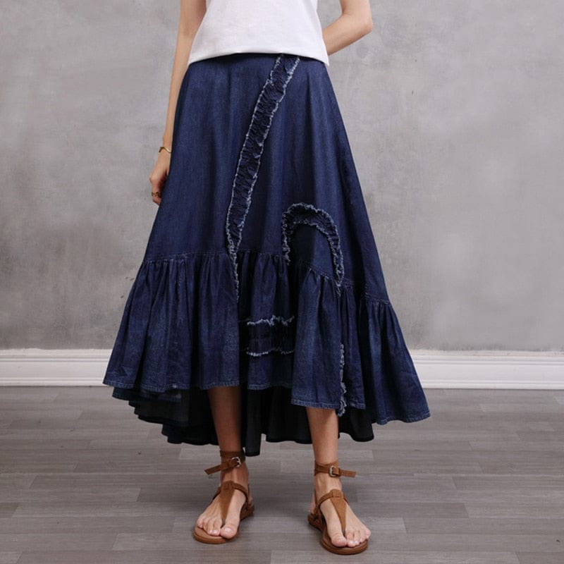 Gypsy Style Patchwork Pleated Denim Skirt