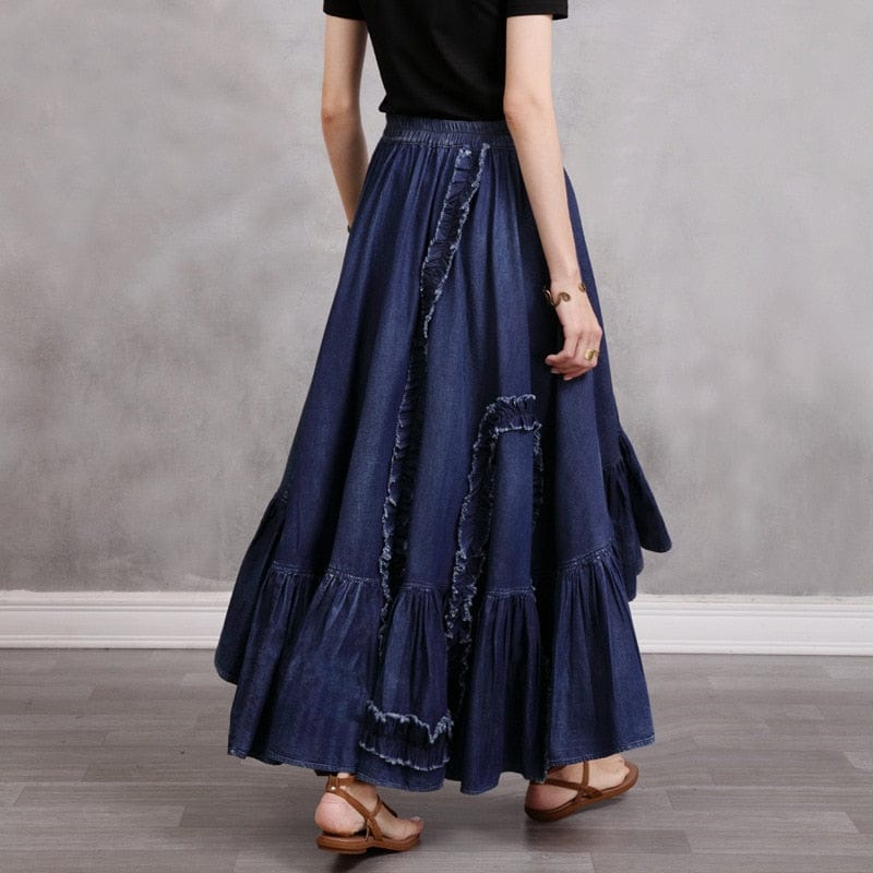 Gypsy Style Patchwork Pleated Denim Skirt