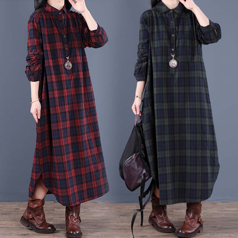 Vintage Loose Cotton Plaid Dress