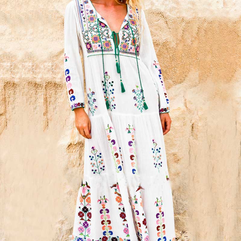 Boho Inspired Floral Embroidered Maxi Dress