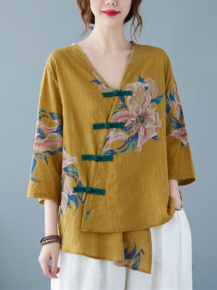 Floral Cotton Linen Oversized Blouse