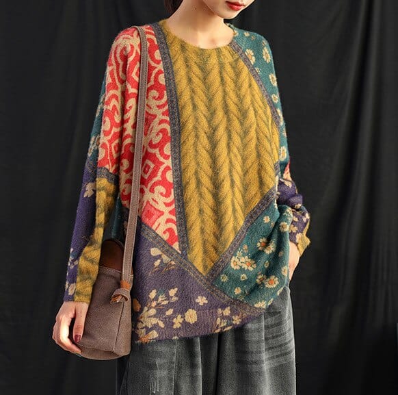 Knitting Retro Geometric Print Top